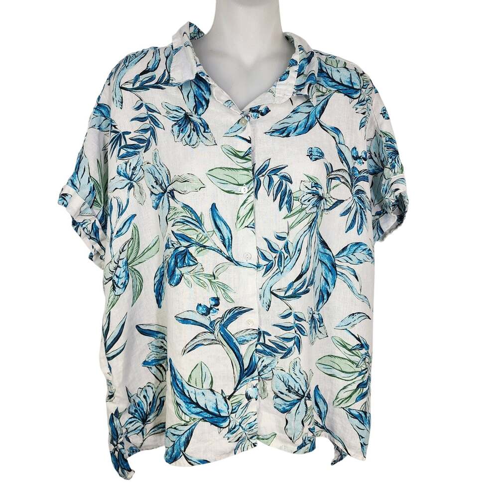 Tahari 100% Linen Shirt Womens XL Beach Leaf Print Button Resort Cruise Tropical